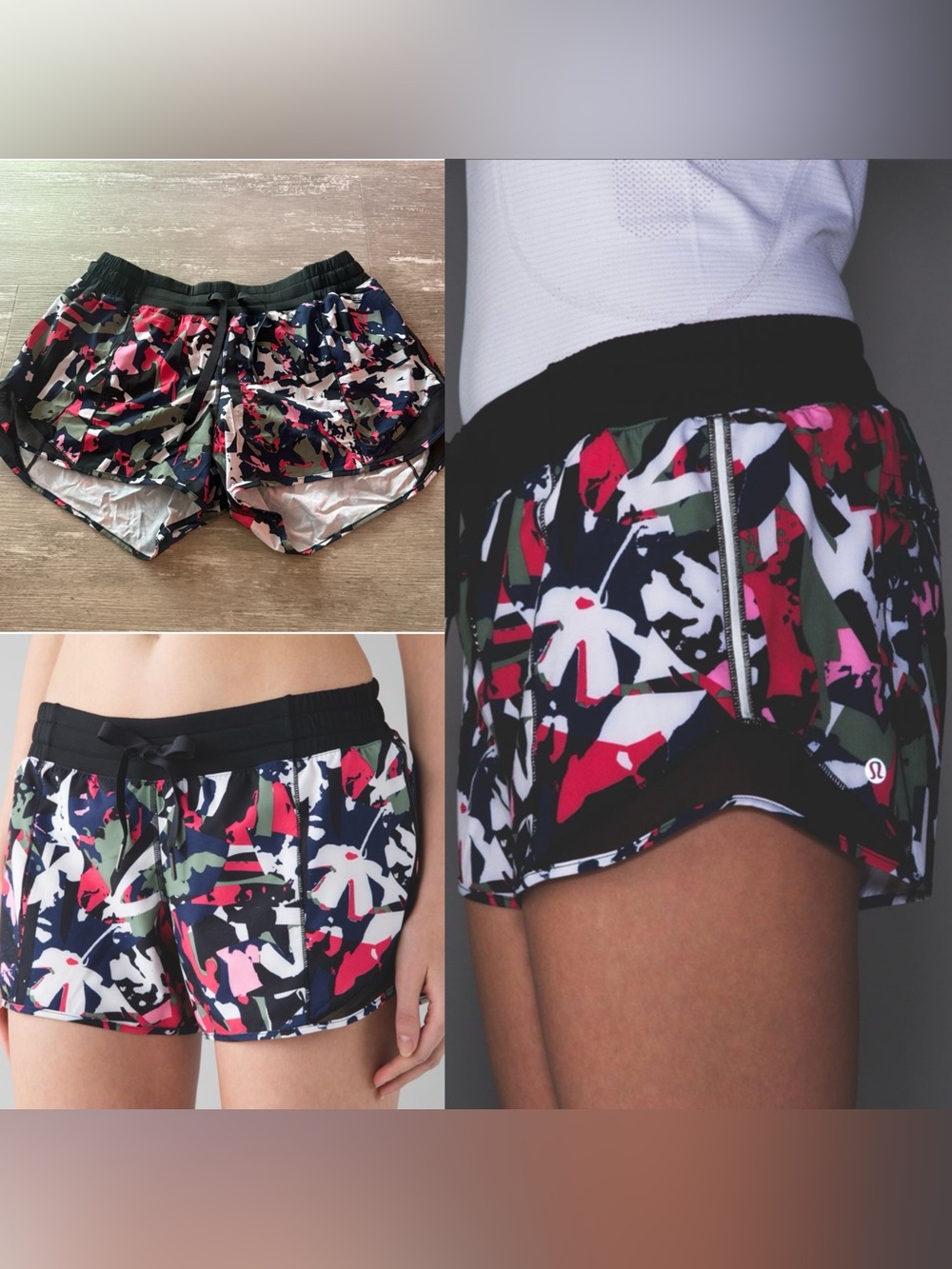 Lululemon Hotty Hot Short Long 4” LR in Pop Cut Boom Juice black EUC Womens 8